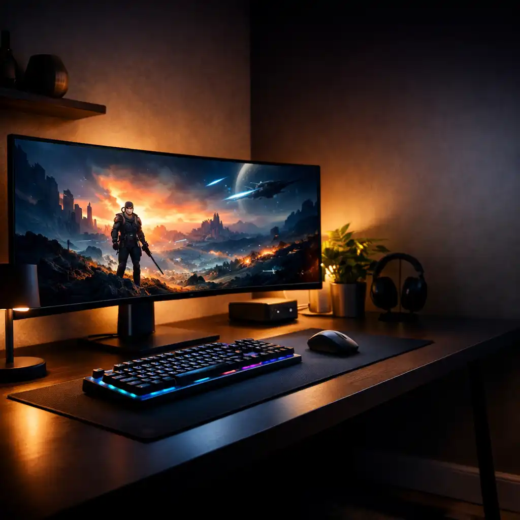 Nowoczesny gamingowy setup z ultrapanoramicznym monitorem