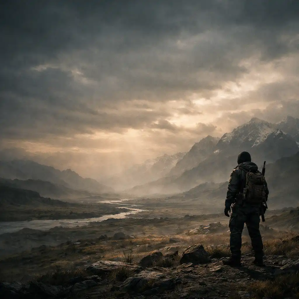 Cinematiczna scena z gry z samotną postacią